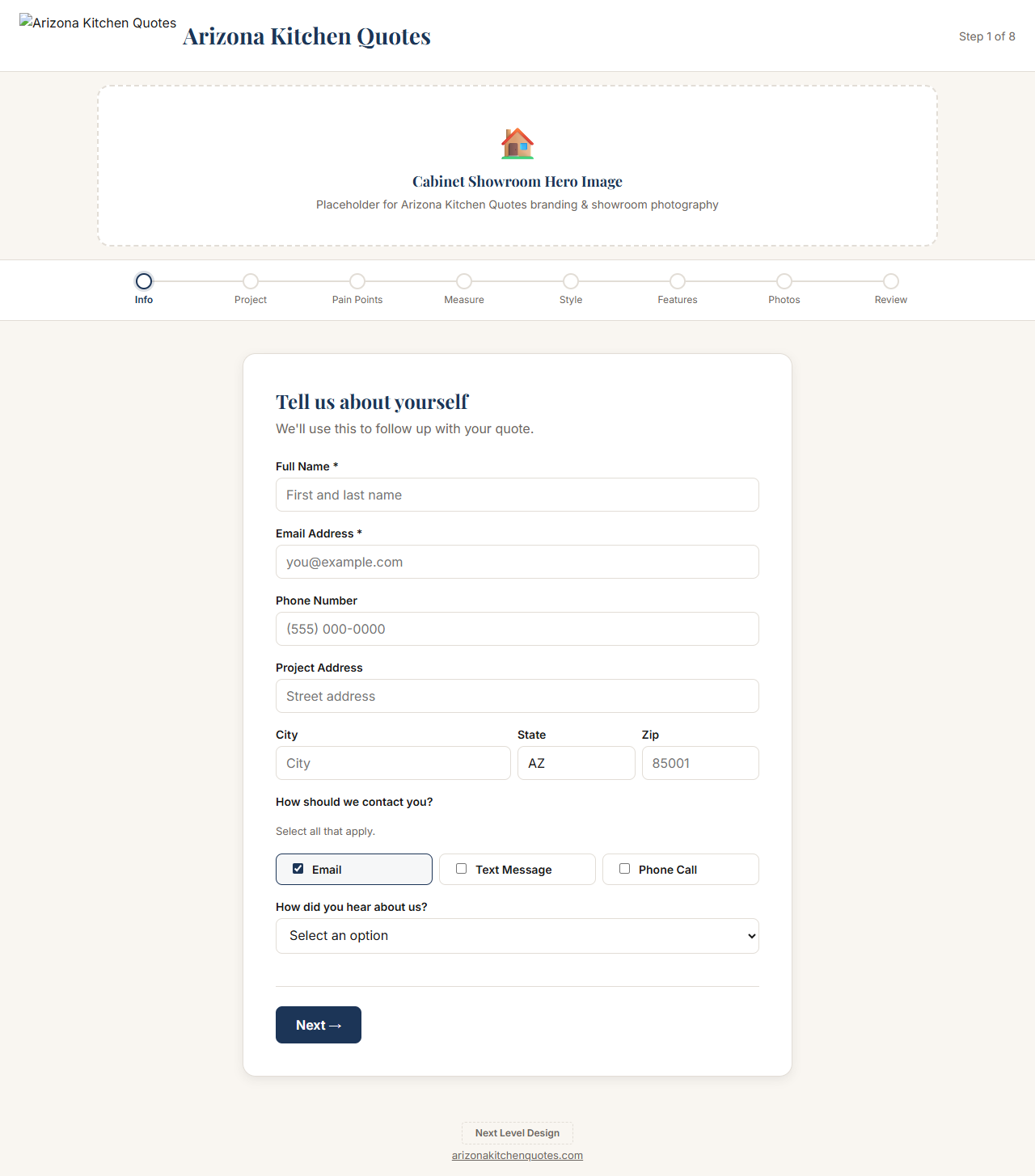 Step 1 of the Arizona Kitchen Quotes intake form, shown on desktop