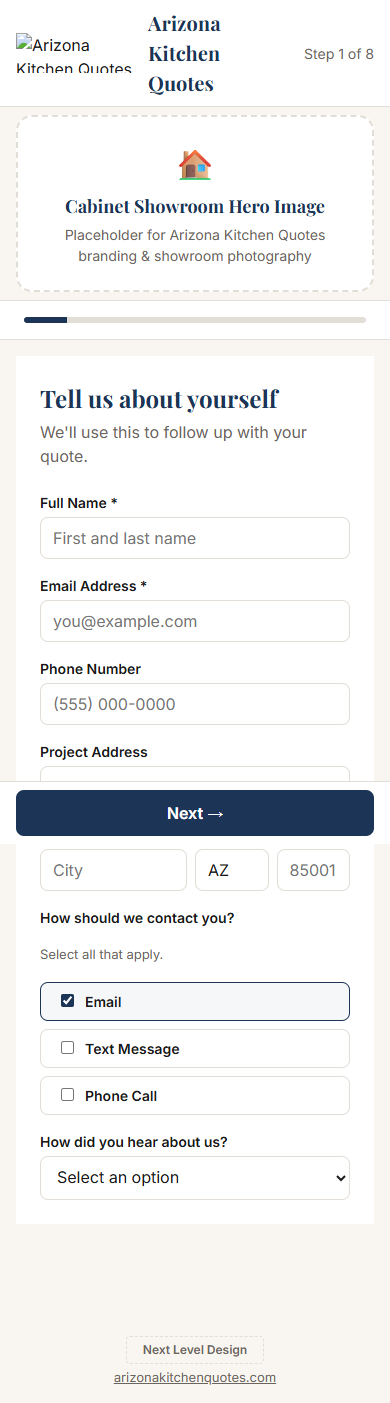 Step 1 of the Arizona Kitchen Quotes intake form, shown on mobile